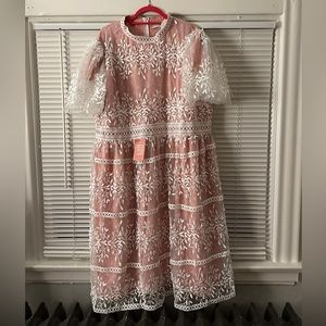 Pink dress w/ white lace and embroidery! Unworn, tags intact, perfect condition.